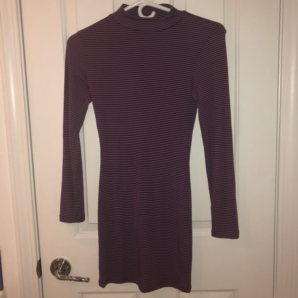 Pink and blue pinstripe mock neck dress